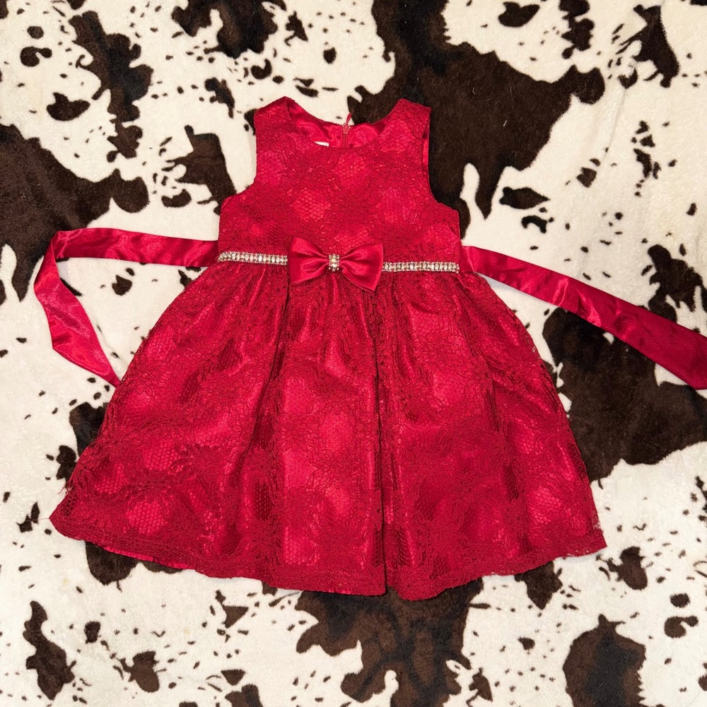 American Princess Lace Dress Toddler Girls 2T Red Rhinestone Bow Holiday Formal